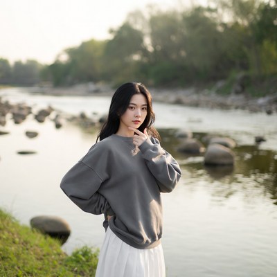 Asian woman in gray sweater by river