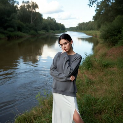Woman in gray sweater by river