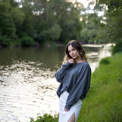 Woman in gray sweatshirt by river