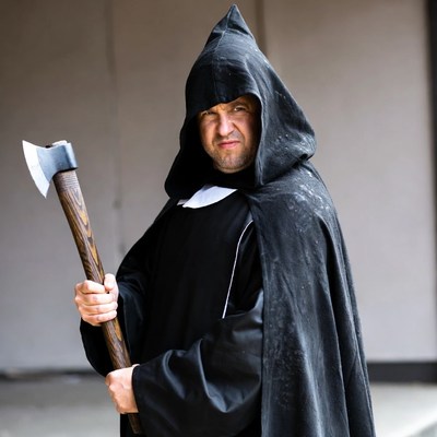 Man in black hooded robe holding axe