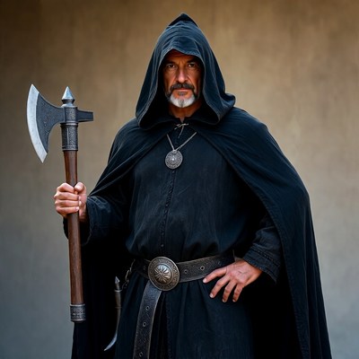 Bearded man in hooded cloak holding axe