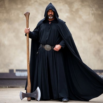 Man in black hooded robe holding axe