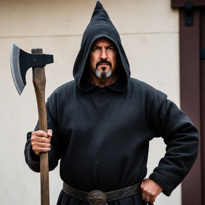 Man in black hooded robe holding axe