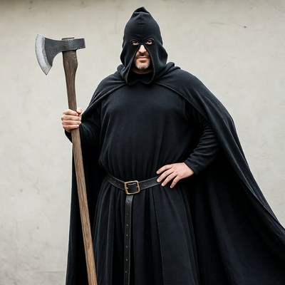 Man in black hood holding axe