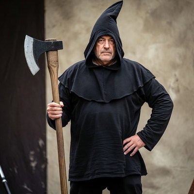 Man in black hood holding axe