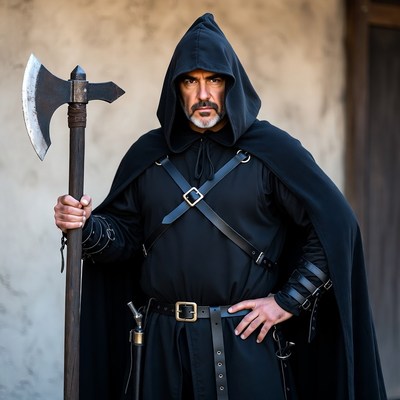 Hooded man holding axe