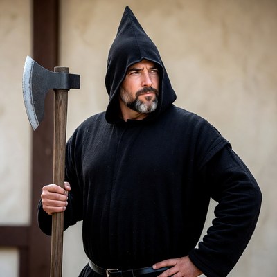 Man in black hood holding axe