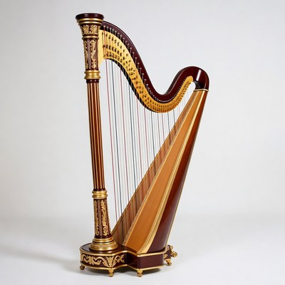 Ornate Mahogany Harp on White Background