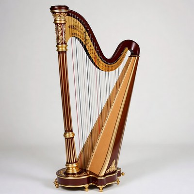 Ornate Golden Harp on White Background