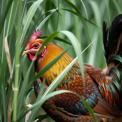 Rooster in green grass