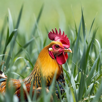 Rooster standing in green grass