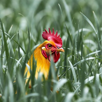 Rooster standing in green grass