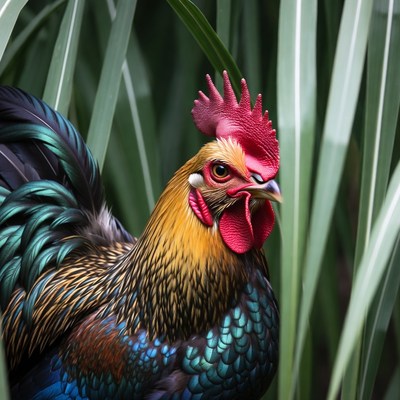 Colorful Rooster in Green Grass