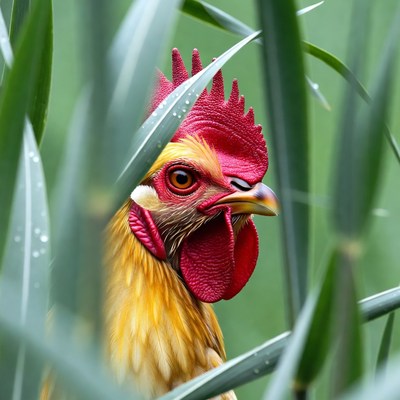 Rooster peeking through green reeds