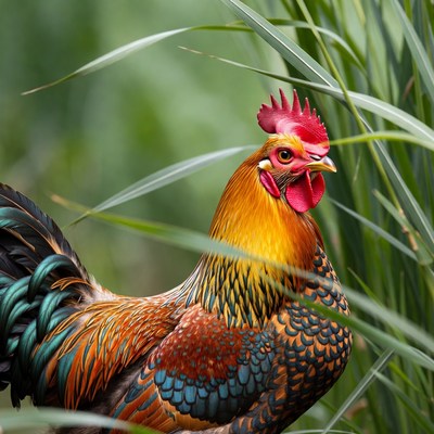 Colorful Rooster in Tall Grass
