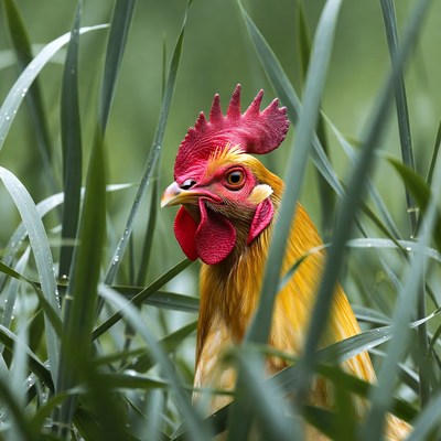 Rooster in tall green grass
