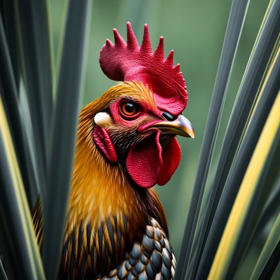 Rooster peering through green grass