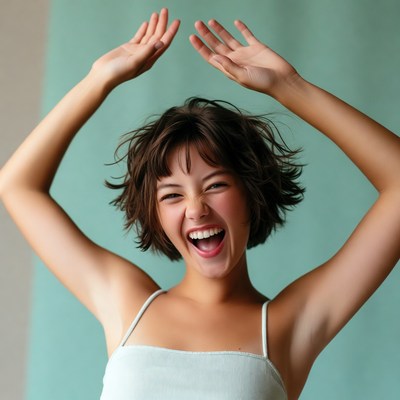 Asian woman laughing with arms raised