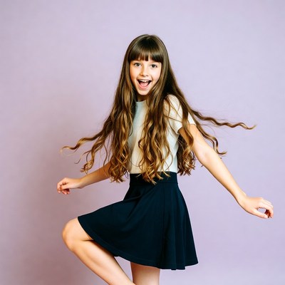 Happy girl dancing on purple background