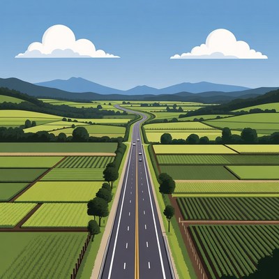 Winding Highway Through Green Fields