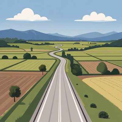 Winding road through green fields