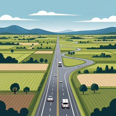 Winding Road Through Green Fields