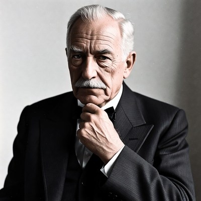 Elderly man in tuxedo touching bowtie