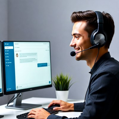 Man wearing headset working on dual monitors