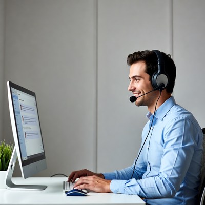 Man working at computer with headset