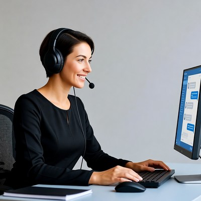 Woman working at computer with headset