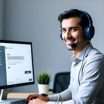 Smiling man in headset at customer service desk