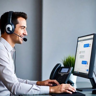 Man wearing headset working at computer