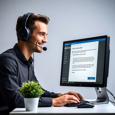 Man wearing headset working on computer