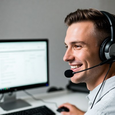 Man wearing headset at computer