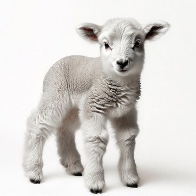 Fluffy white baby lamb standing