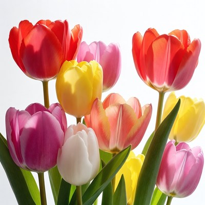 Colorful Tulips Bouquet on White Background