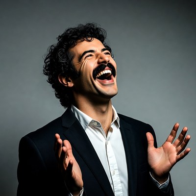 Man laughing with hands raised
