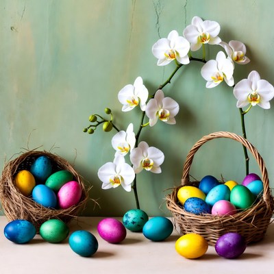 Colorful Easter Eggs with White Orchids