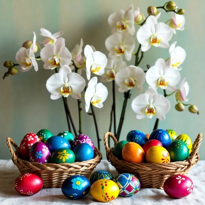 Colorful Easter Eggs with White Orchids