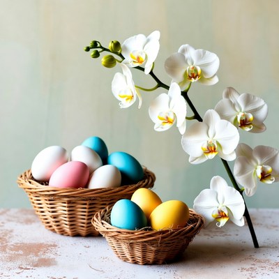 Colorful Easter Eggs with White Orchids