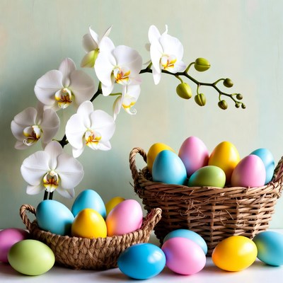 White Orchids and Colorful Easter Eggs