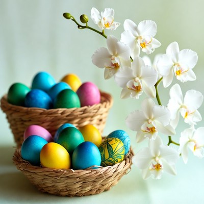 Colorful Easter Eggs with White Orchids