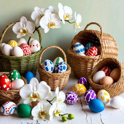 Colorful Easter Eggs in Wicker Baskets