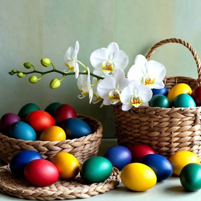 Colorful Easter Eggs with White Orchids