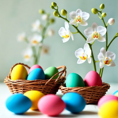 Colorful Easter Eggs with White Orchids