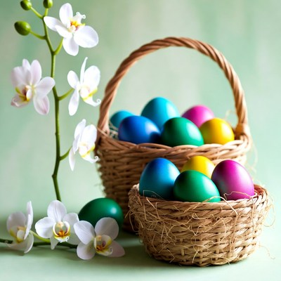 Colorful Easter Eggs in Wicker Basket