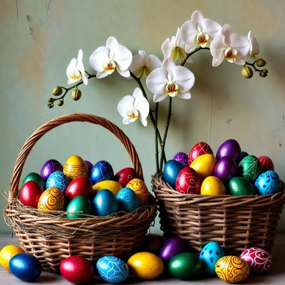 Colorful Easter Eggs in Wicker Baskets