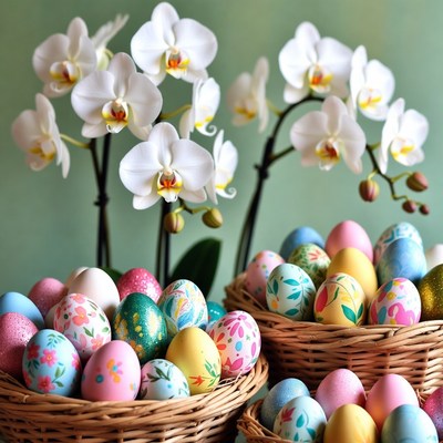 Colorful Easter Eggs with White Orchids