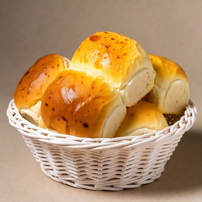 Fresh golden dinner rolls in white basket