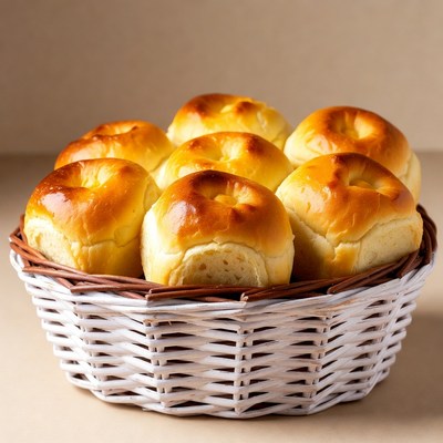 Fresh golden buns in white basket